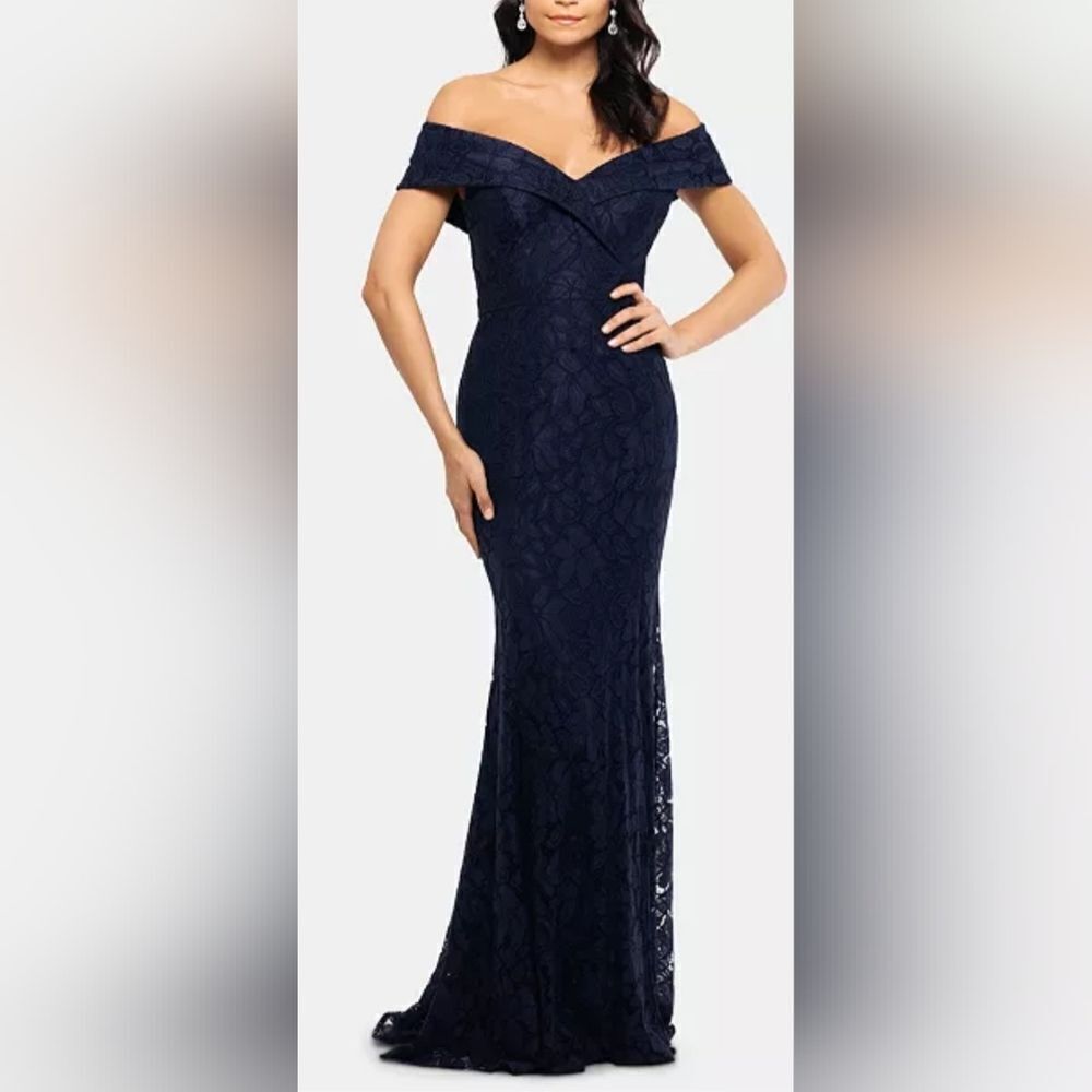 XSCAPE Petite Off-The-Shoulder Lace Gown NWT Size 12P Navy Blue